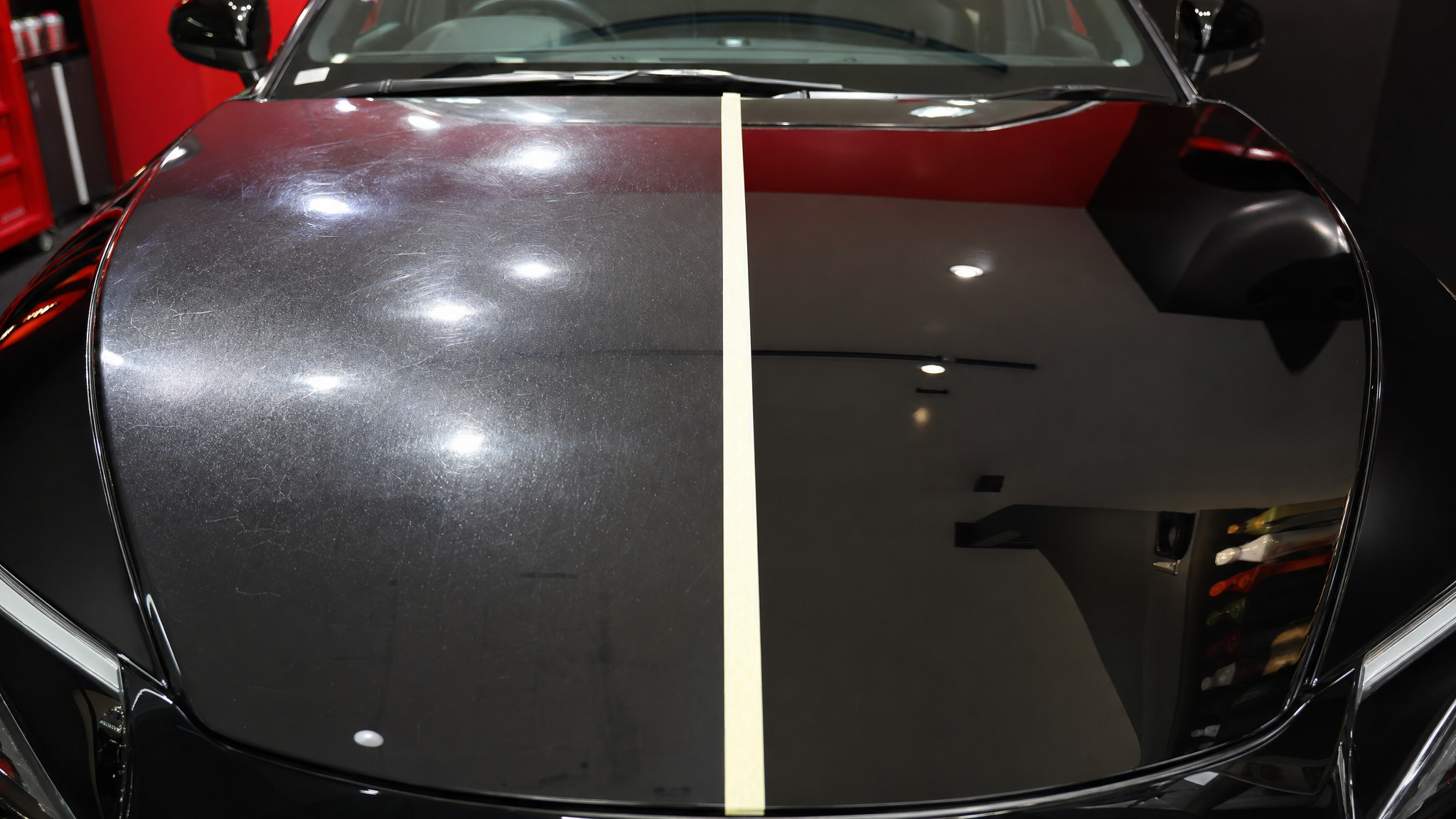 50/50 paint correction comparison showing swirled paint before and polished glossy paint after at Mr. Detail in Fond du Lac WI